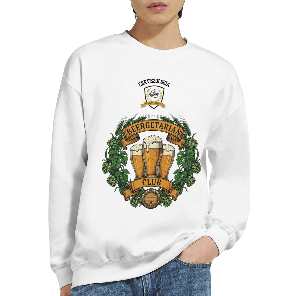 Sudadera blanca con estampado de jarra de cerveza y hojas, cuello redondo