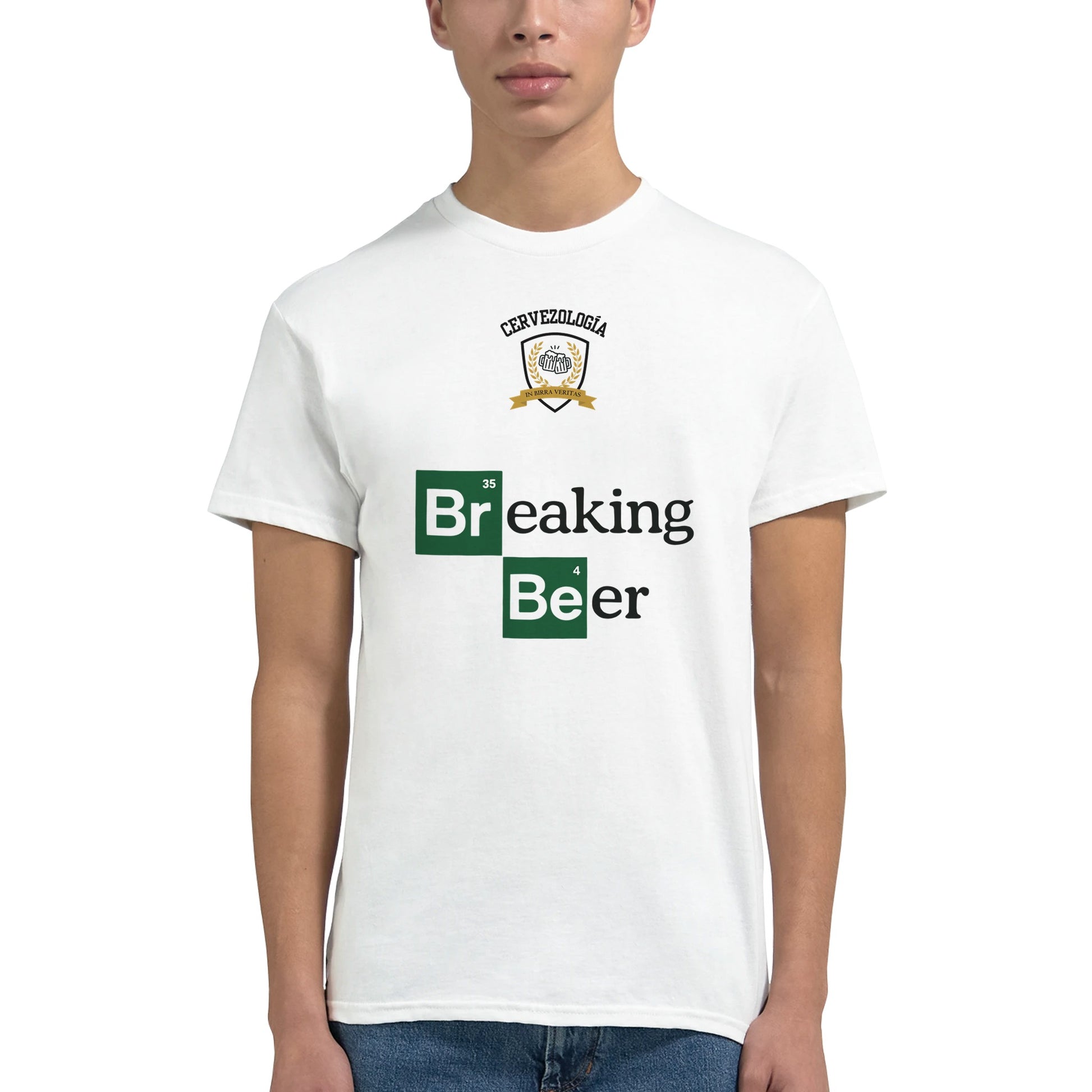 Camiseta blanca de manga corta con gráfico verde «Breaking Beer» al frente