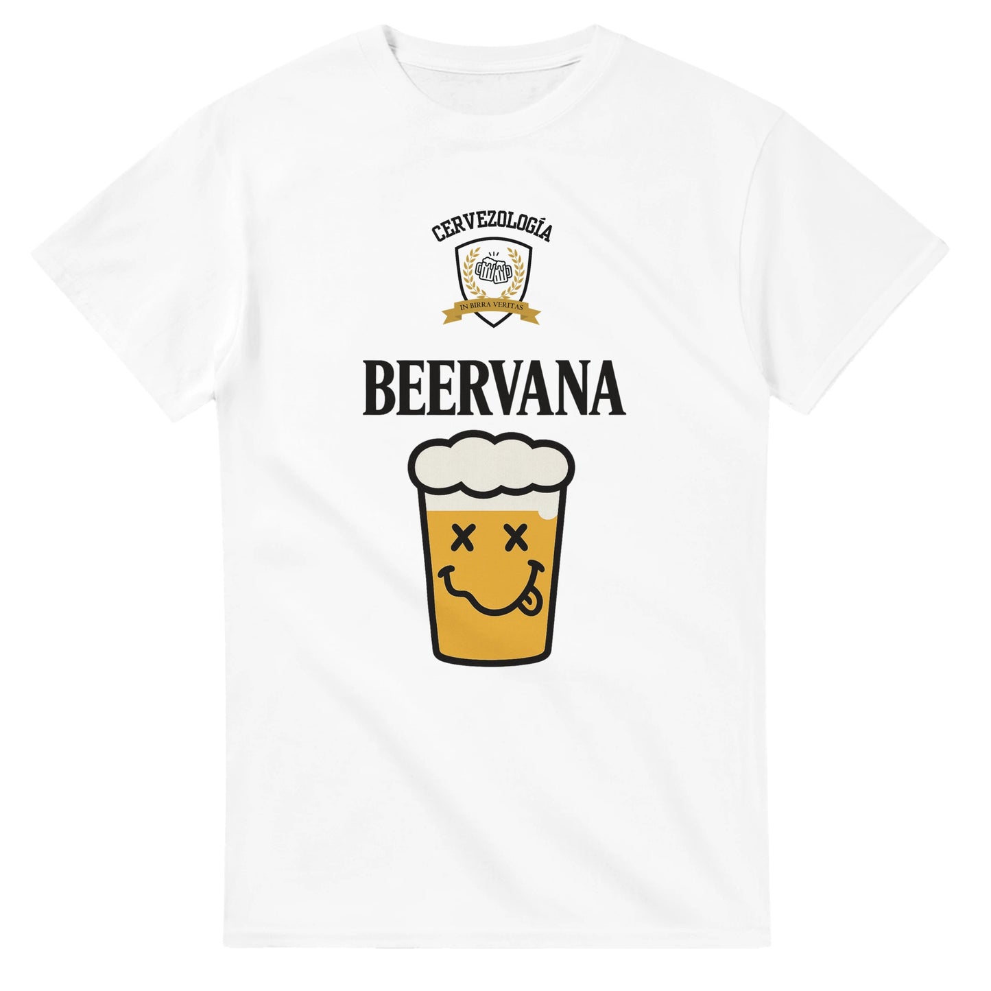 Camiseta blanca lisa con estampado centrado de vaso de cerveza sonriente y texto.