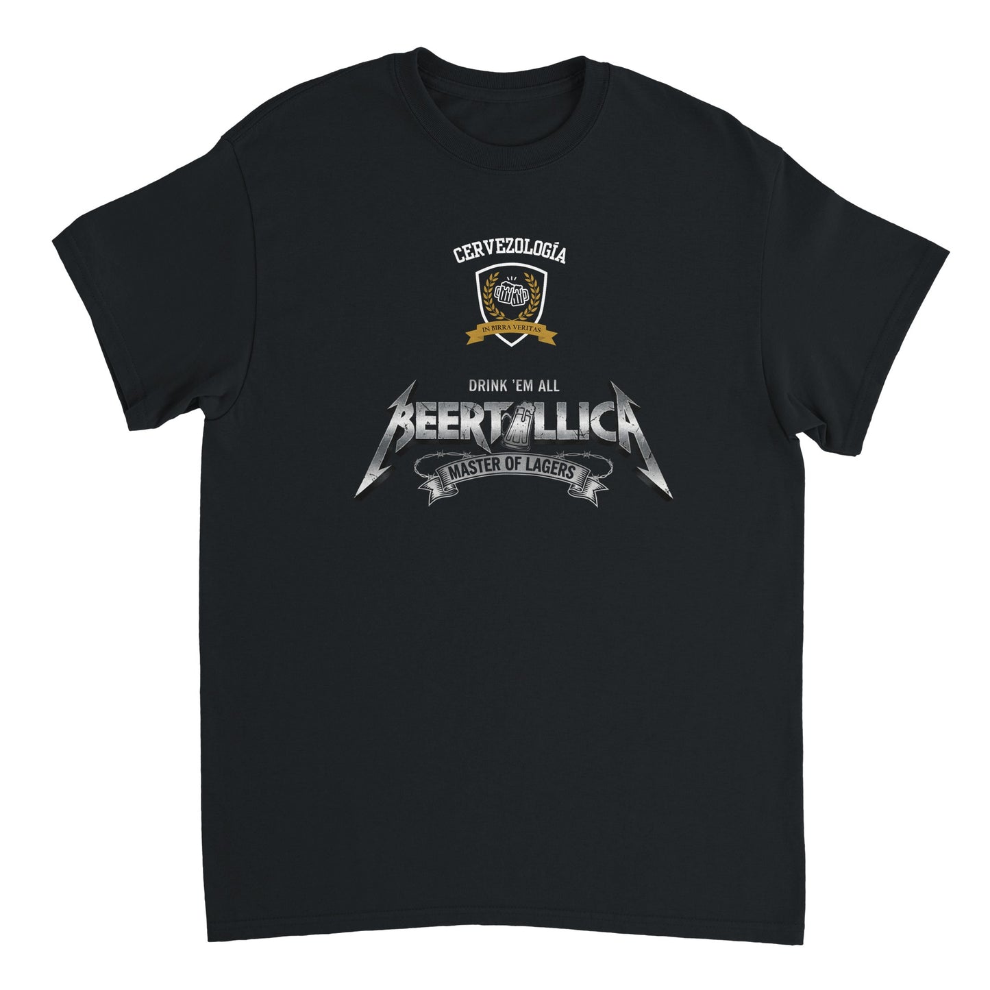 Camiseta negra con estampado Beertallica y cinta inferior, manga corta.