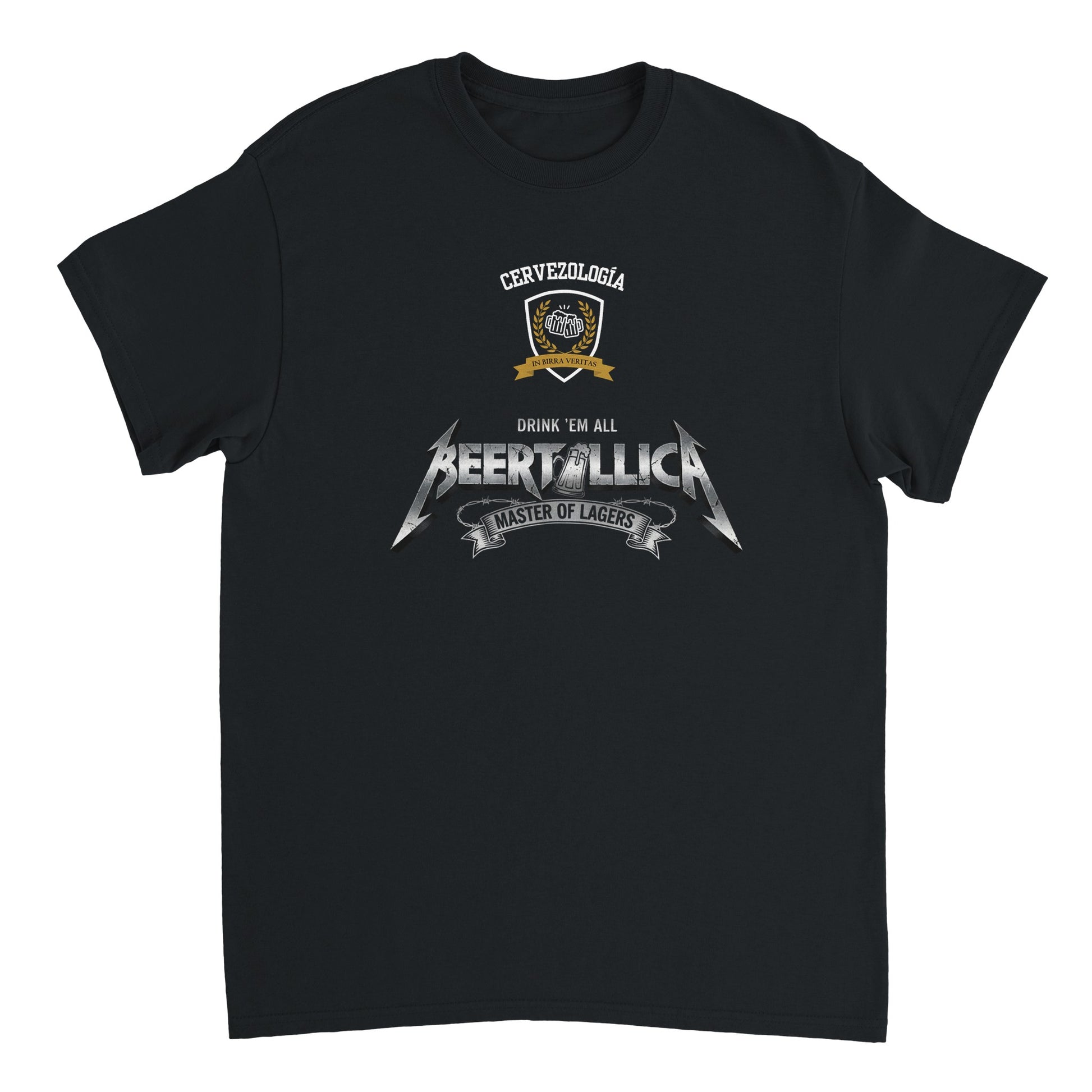 Camiseta negra con estampado Beertallica y cinta inferior, manga corta.