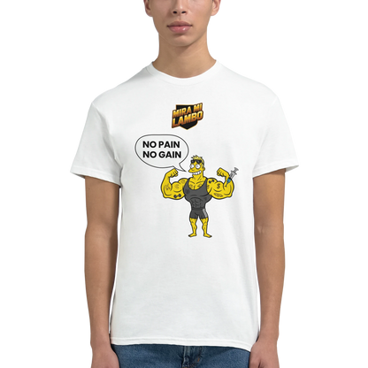 Camiseta blanca con estampa «NO PAIN NO GAIN» y personaje con mancuernas.