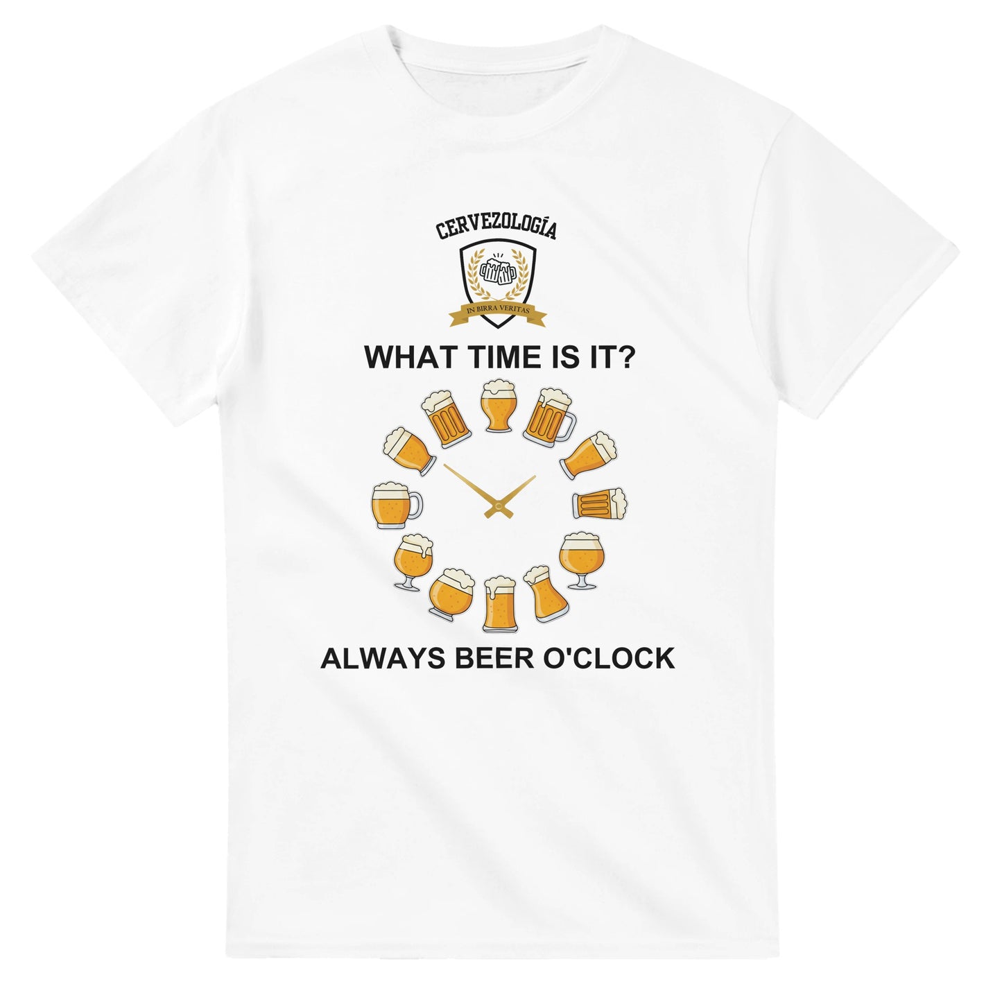 Camiseta blanca de manga corta con diseño de cerveza y texto “ALWAYS BEER O’CLOCK”