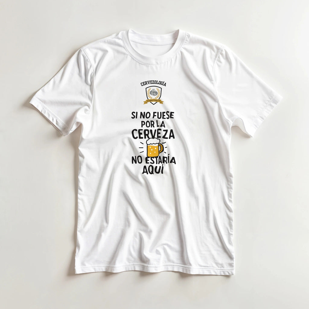 Camiseta blanca de manga corta con estampado de cerveza y texto en el pecho