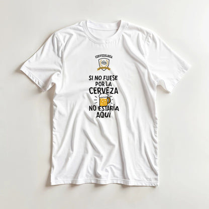 Camiseta blanca de manga corta con estampado de cerveza y texto en el pecho