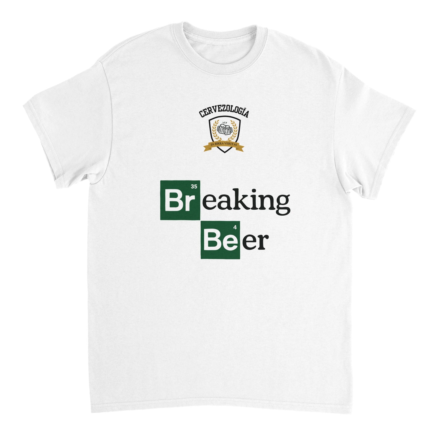 Camiseta blanca con estampado frontal «Breaking Beer» y emblema arriba