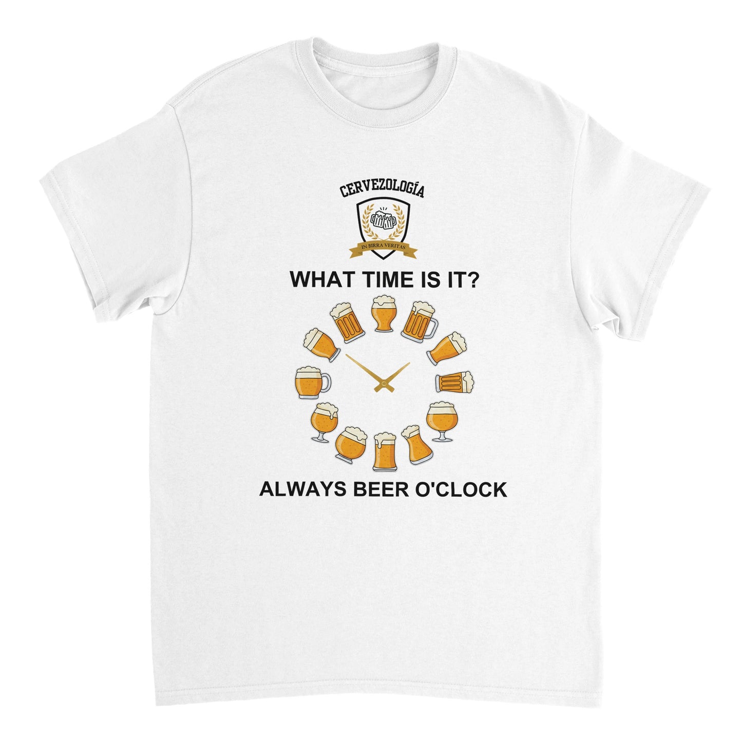 Camiseta blanca con estampado de cerveza y texto "Always Beer O'Clock"