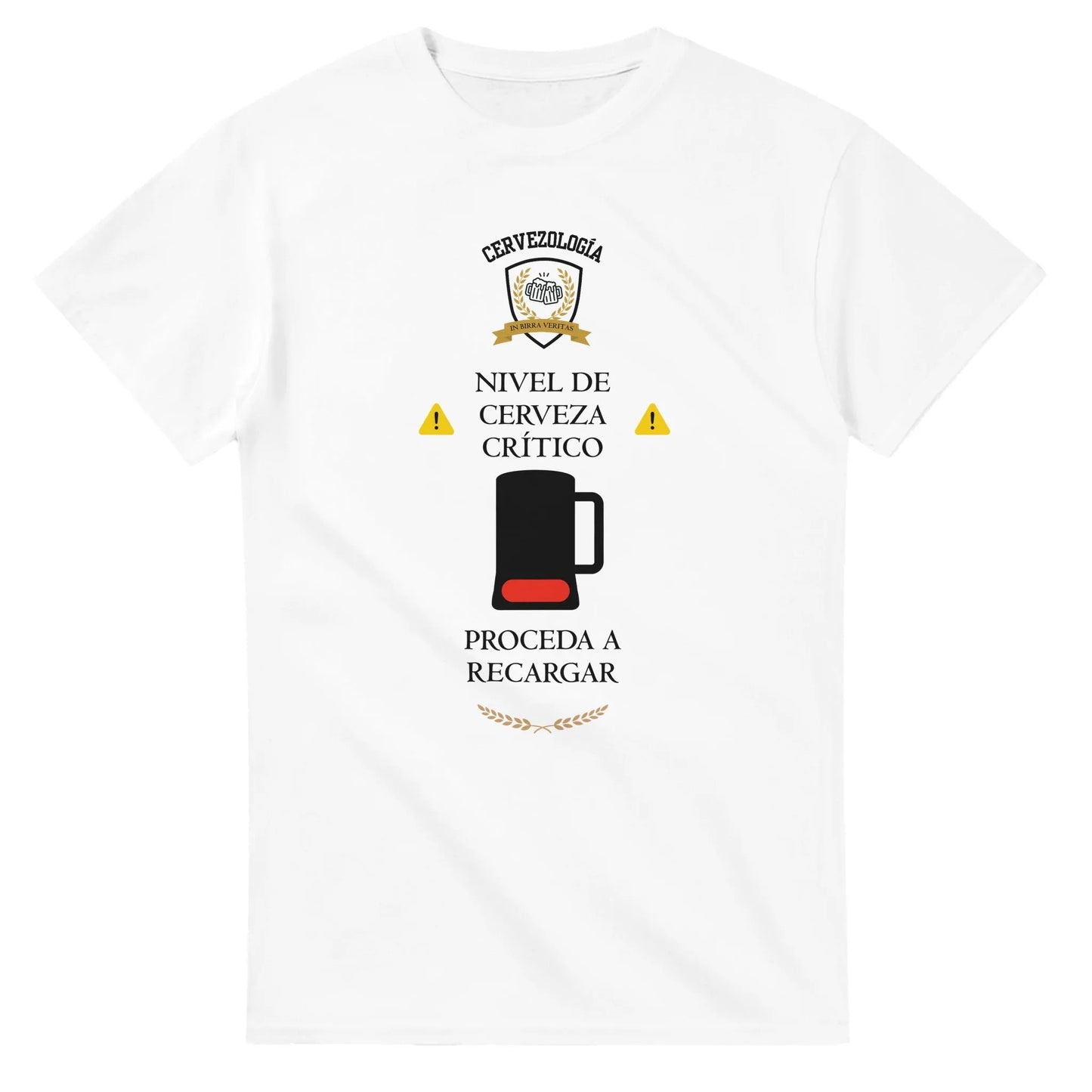 Camiseta blanca de manga corta con estampado de cerveza y advertencias amarillas.