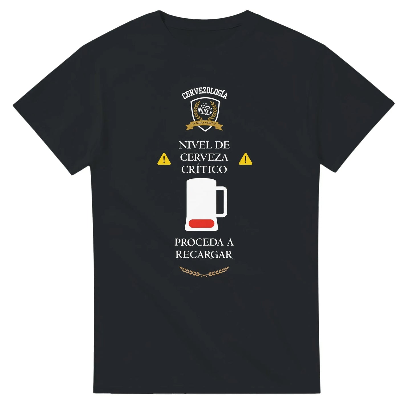 Camiseta negra de manga corta con estampado de cerveza y advertencias amarillas.