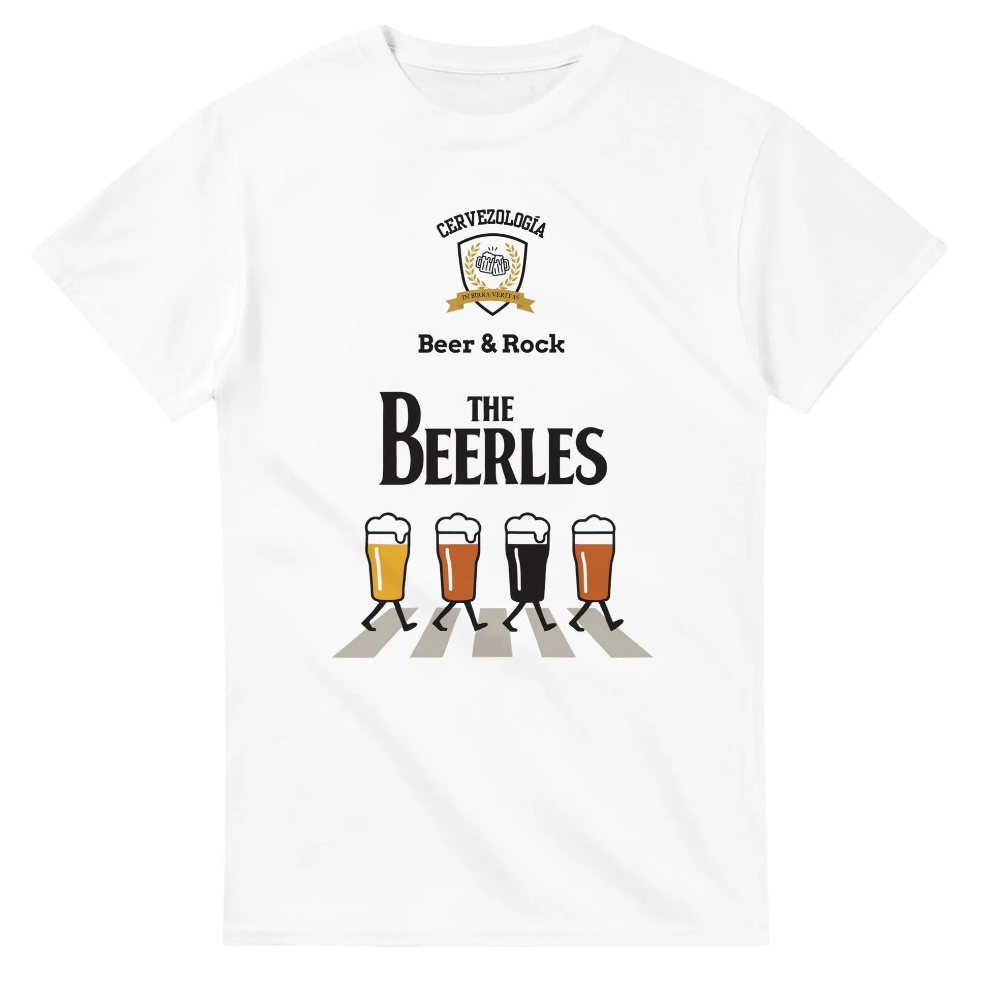 Camiseta blanca con estampado “The Beerles” y vasos de cerveza en colores
