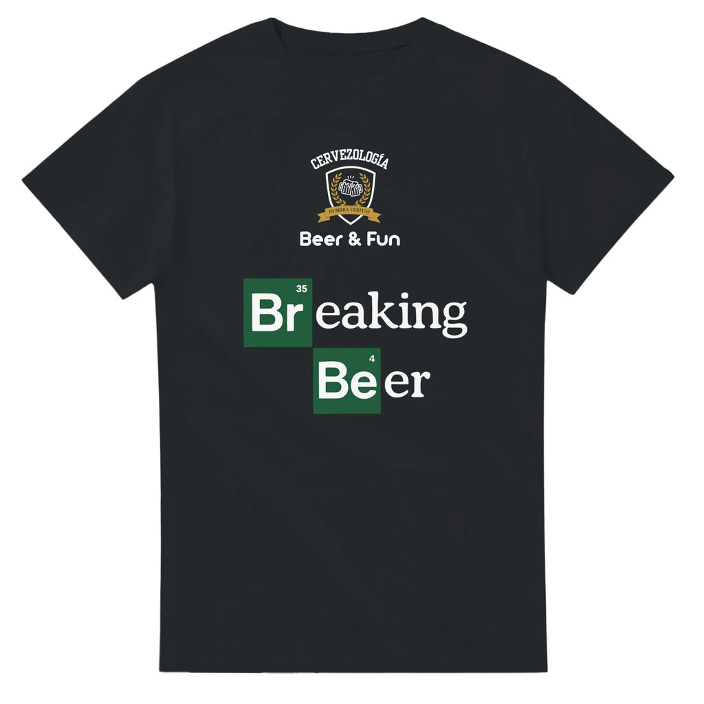 Camiseta negra de algodón con estampado “Breaking Beer” en verde y letras grandes