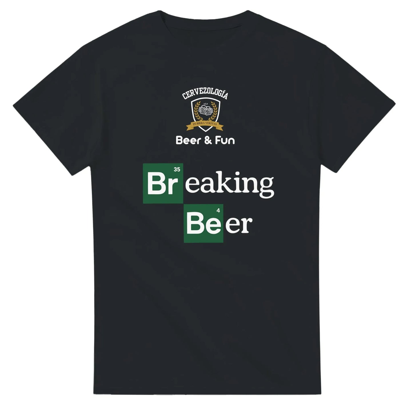 Camiseta negra de algodón con estampado “Breaking Beer” en verde y letras grandes