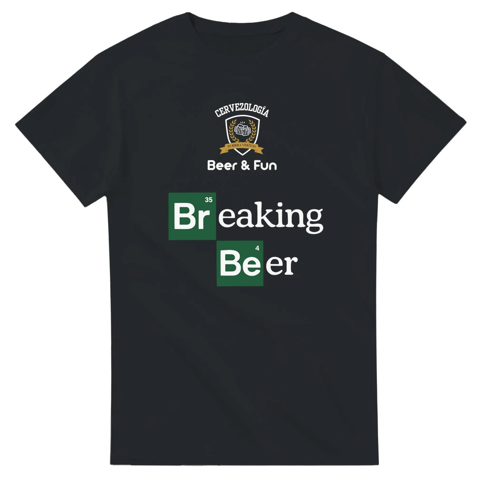 Camiseta negra de algodón con estampado “Breaking Beer” en verde y letras grandes