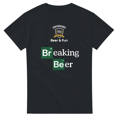 Camiseta negra de algodón con estampado “Breaking Beer” en verde y letras grandes