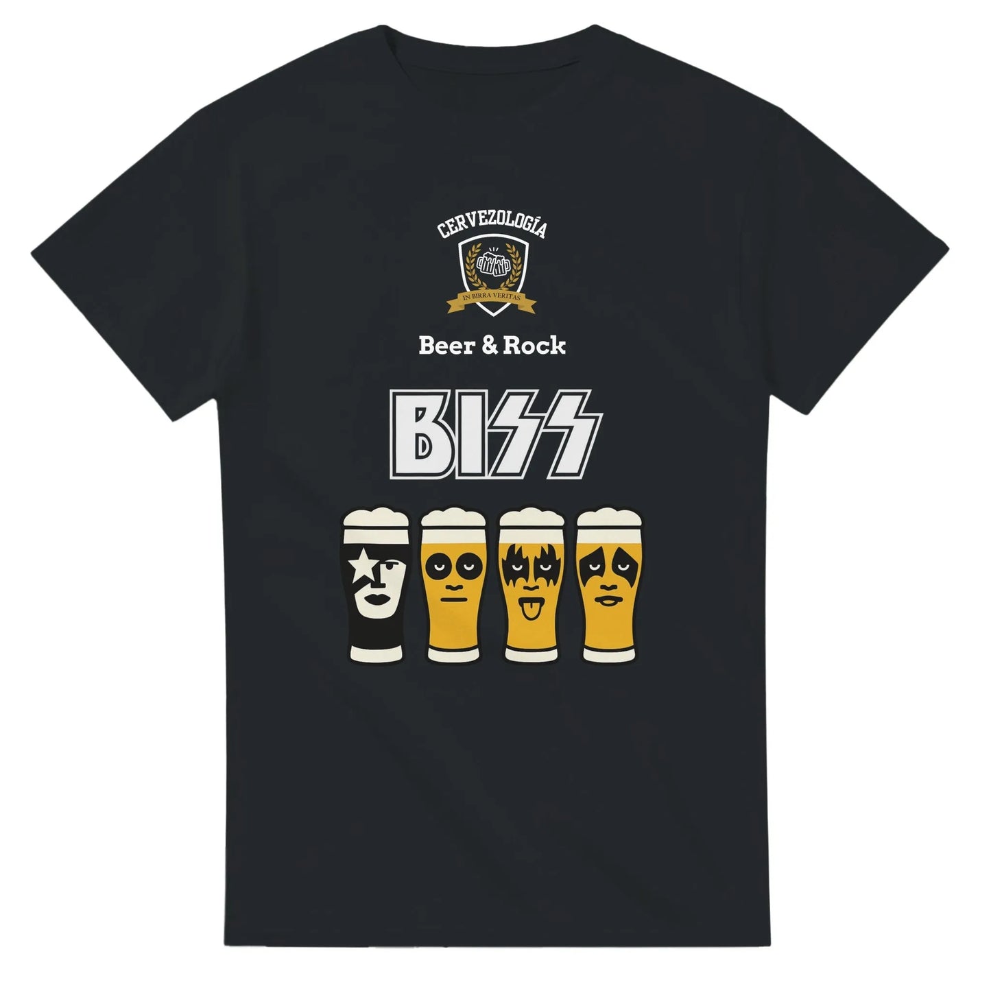 Camiseta negra con estampado B167 y cuatro vasos de cerveza estilo cartoon