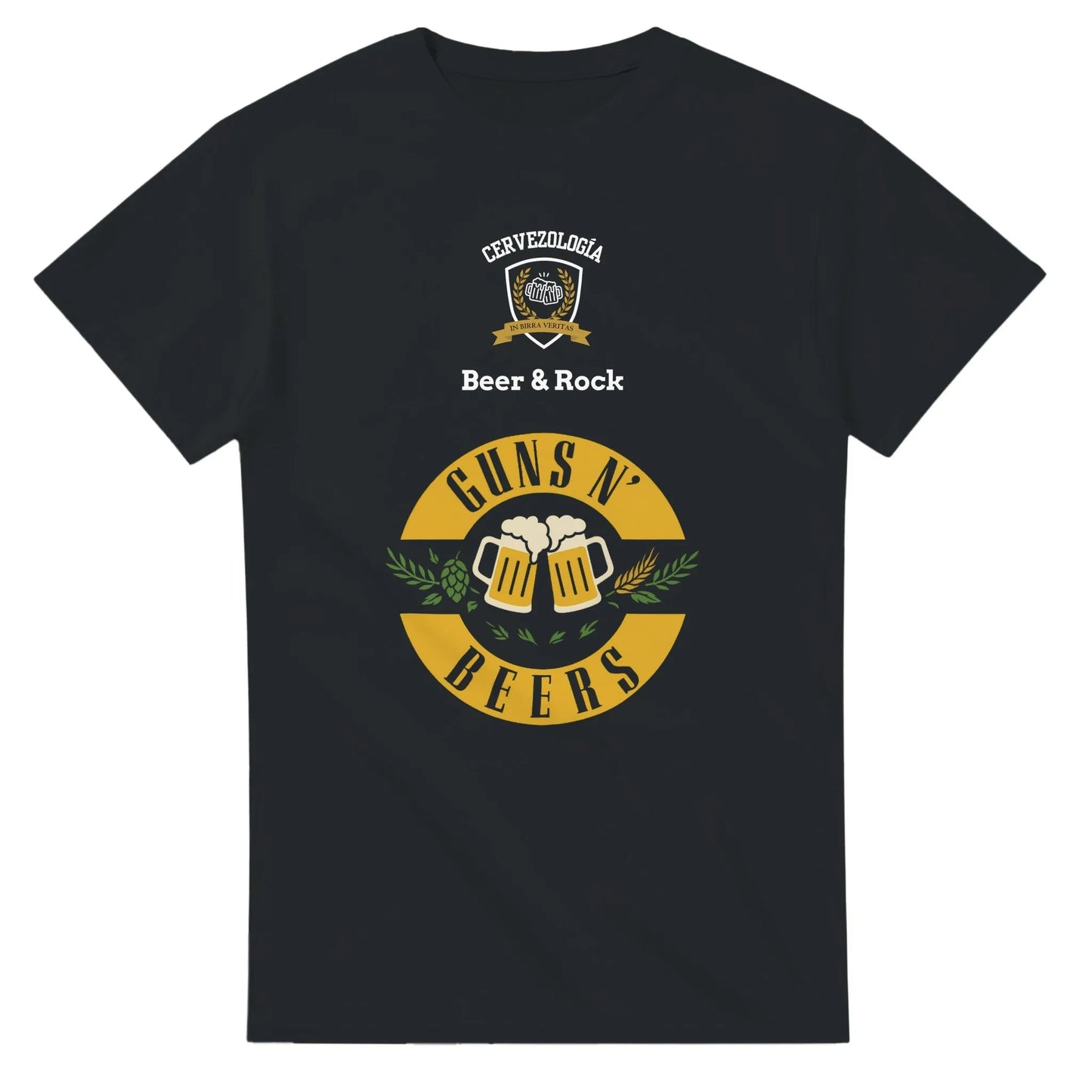 Camiseta negra con estampado circular "Beer & Rock" y cerveza, cuello redondo.