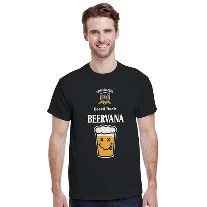 Camiseta negra de manga corta con estampado BEERVANA y vaso de cerveza