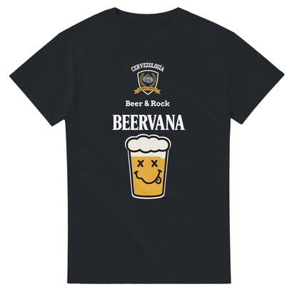 Camiseta negra de algodón con estampado BEERVANA y vaso de cerveza sonriente