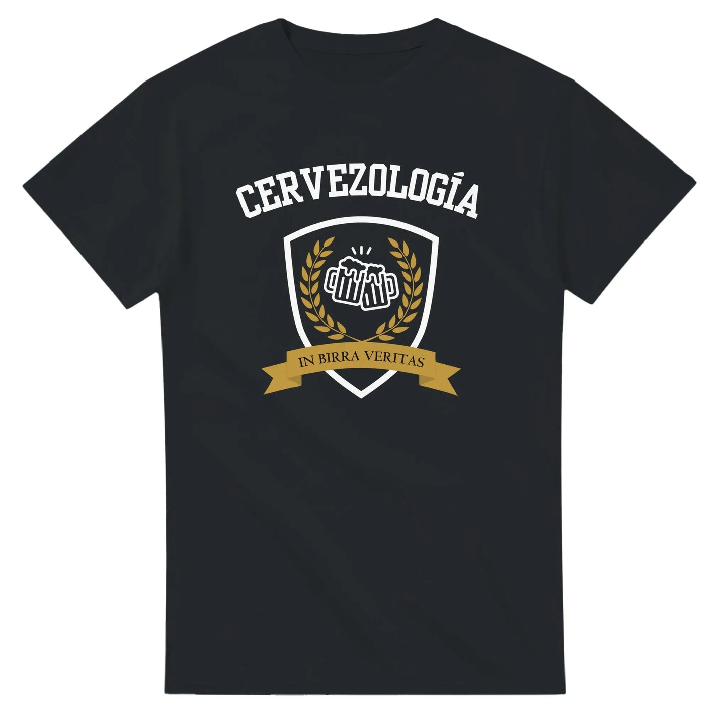 Camiseta Cervezología™ negra con diseño frontal de escudo y lazo dorado