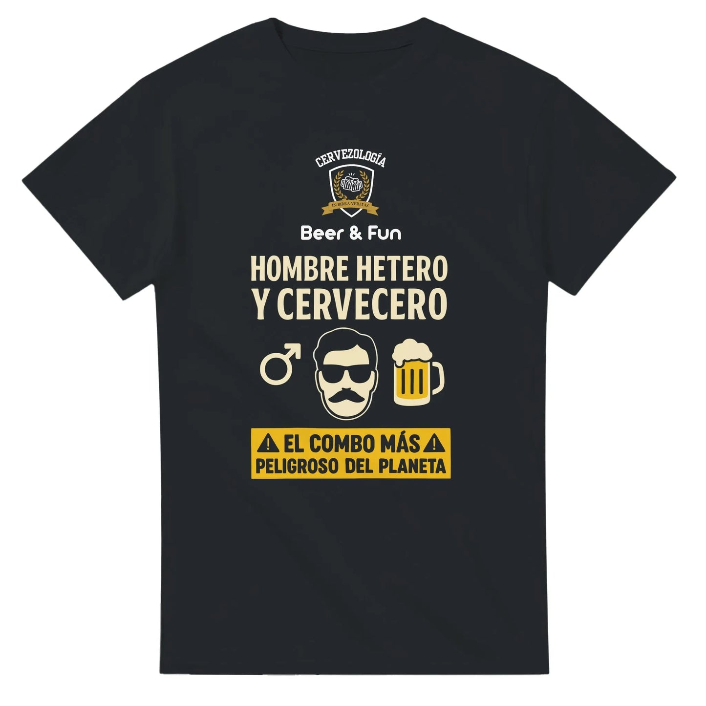 Camiseta negra con estampado “Beer & Fun”, “HOMBRE HETERO Y CERVECERO” y vaso de cerveza.