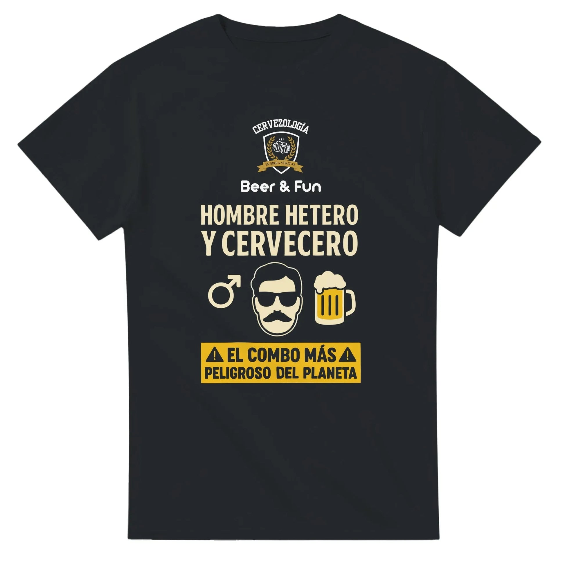 Camiseta negra con estampado “Beer & Fun”, “HOMBRE HETERO Y CERVECERO” y vaso de cerveza.
