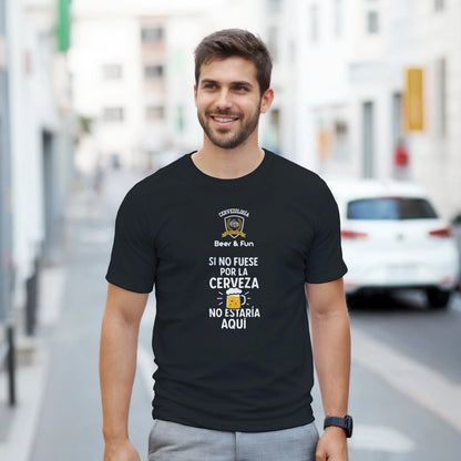 Camiseta negra de algodón con estampado gráfico y texto cervecero en el pecho