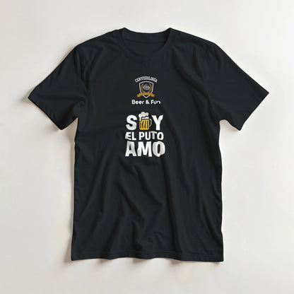 Camiseta negra de manga corta con estampado Beer & Fun y EL PUTO AMO en el pecho.