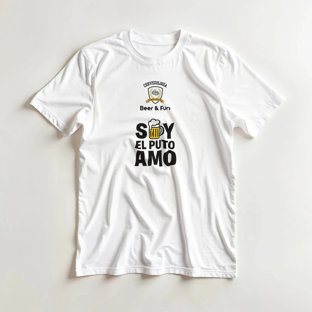 Camiseta blanca de manga corta con estampado frontal Beer & Fun y EL PUTO AMO.