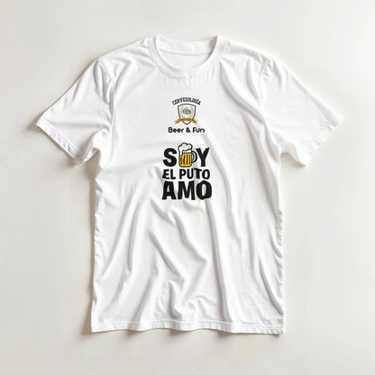 Camiseta blanca de manga corta con estampado frontal Beer & Fun y EL PUTO AMO.