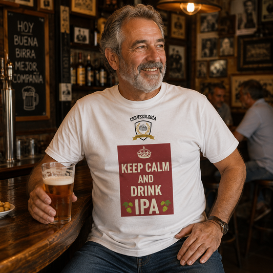 Camiseta blanca con estampado "Keep Calm and Drink IPA"