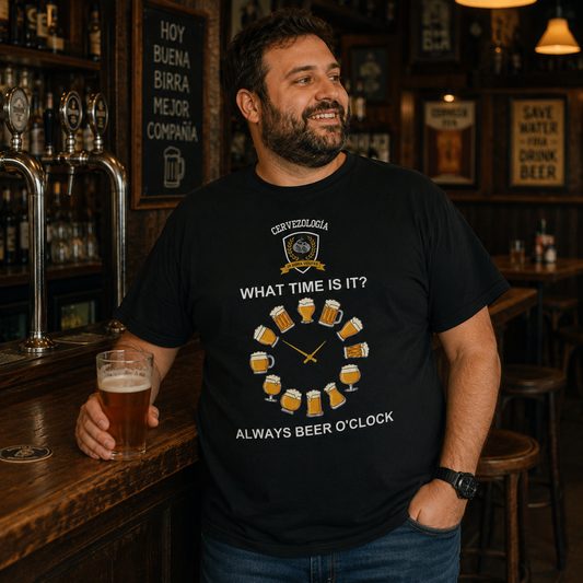 Hombre con camiseta negra con estampado de cervezas y frase “ALWAYS BEER O’CLOCK”