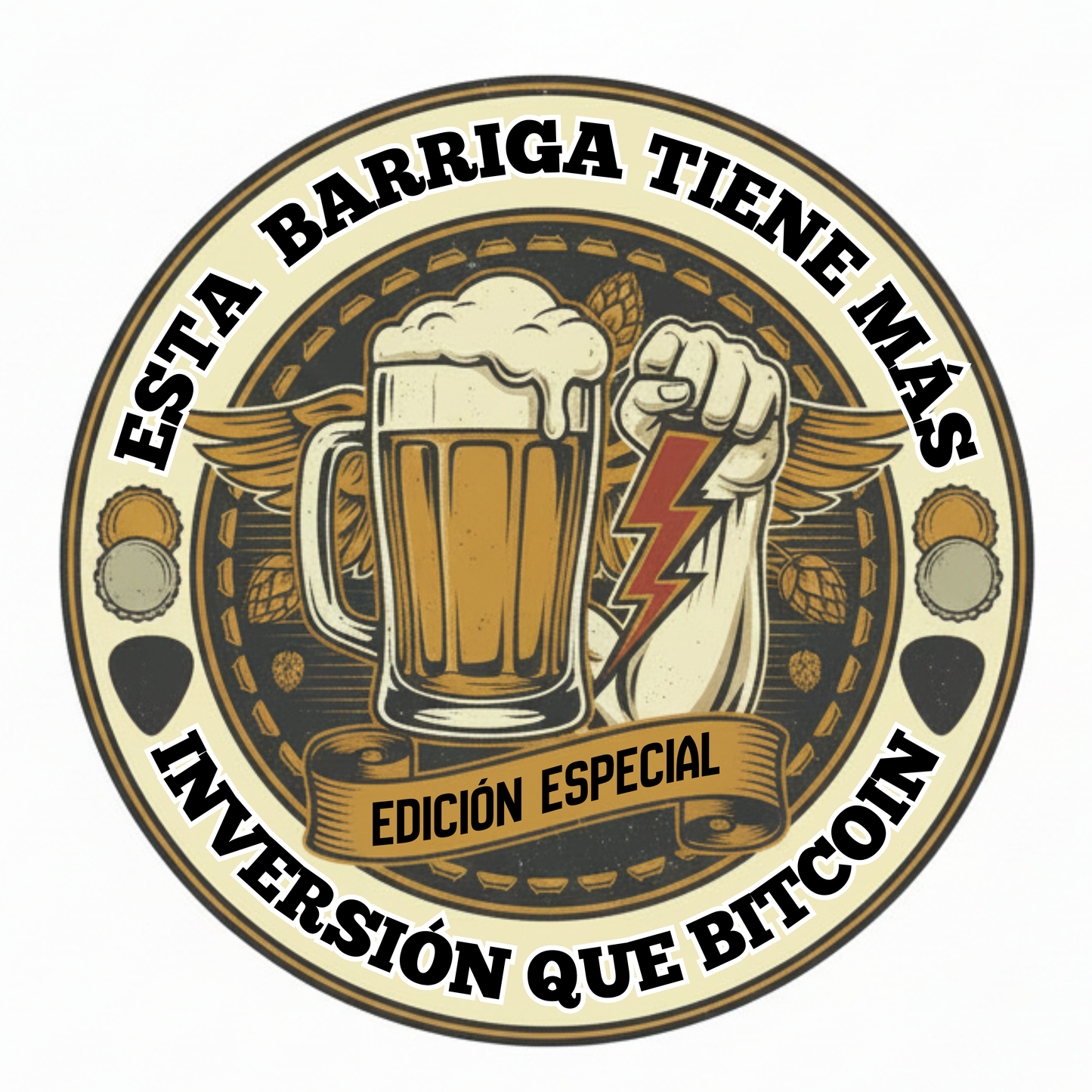 Estampado circular cervecero “Edición Especial” para camiseta, con cerveza y rayo