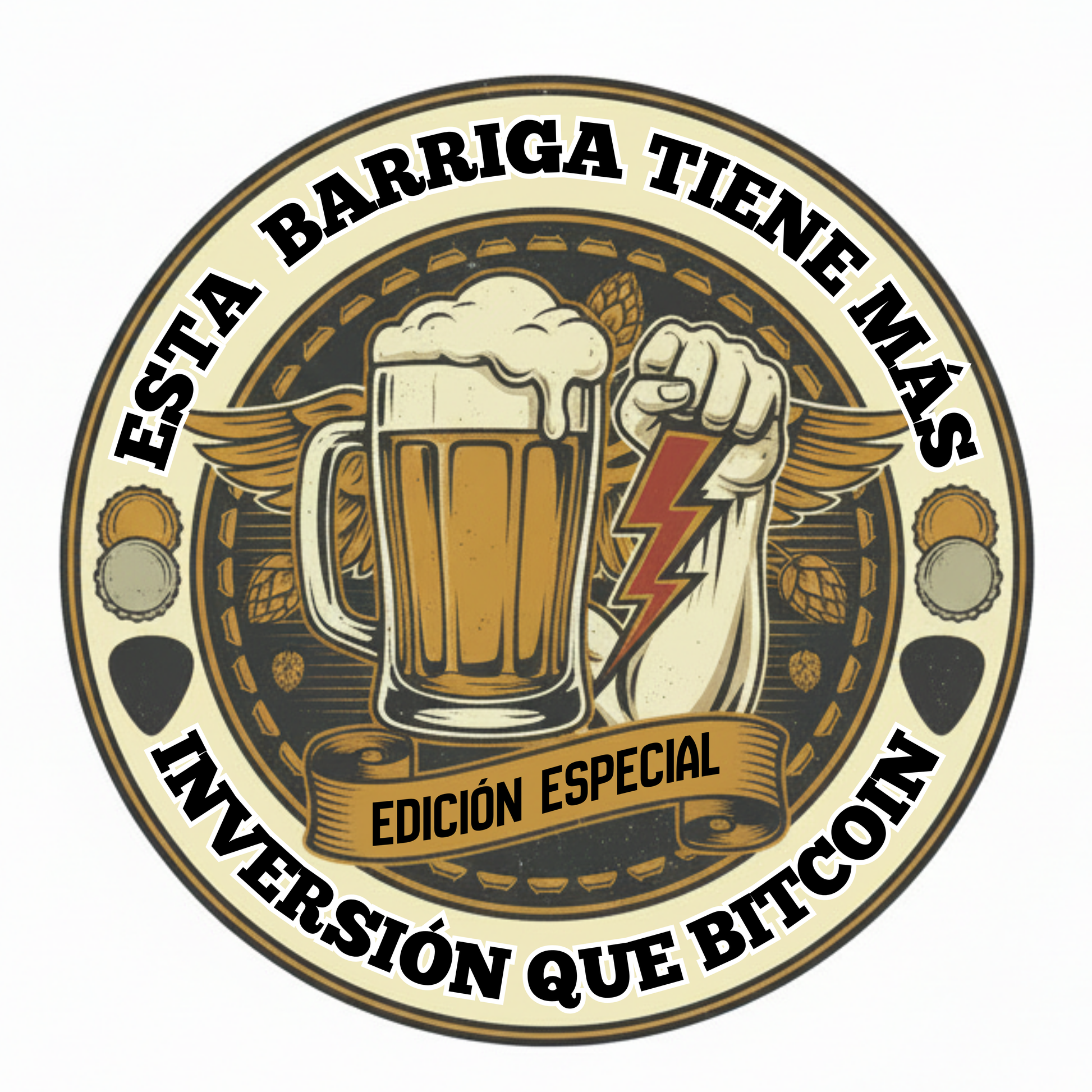 Estampado circular cervecero “Edición Especial” para camiseta, con cerveza y rayo