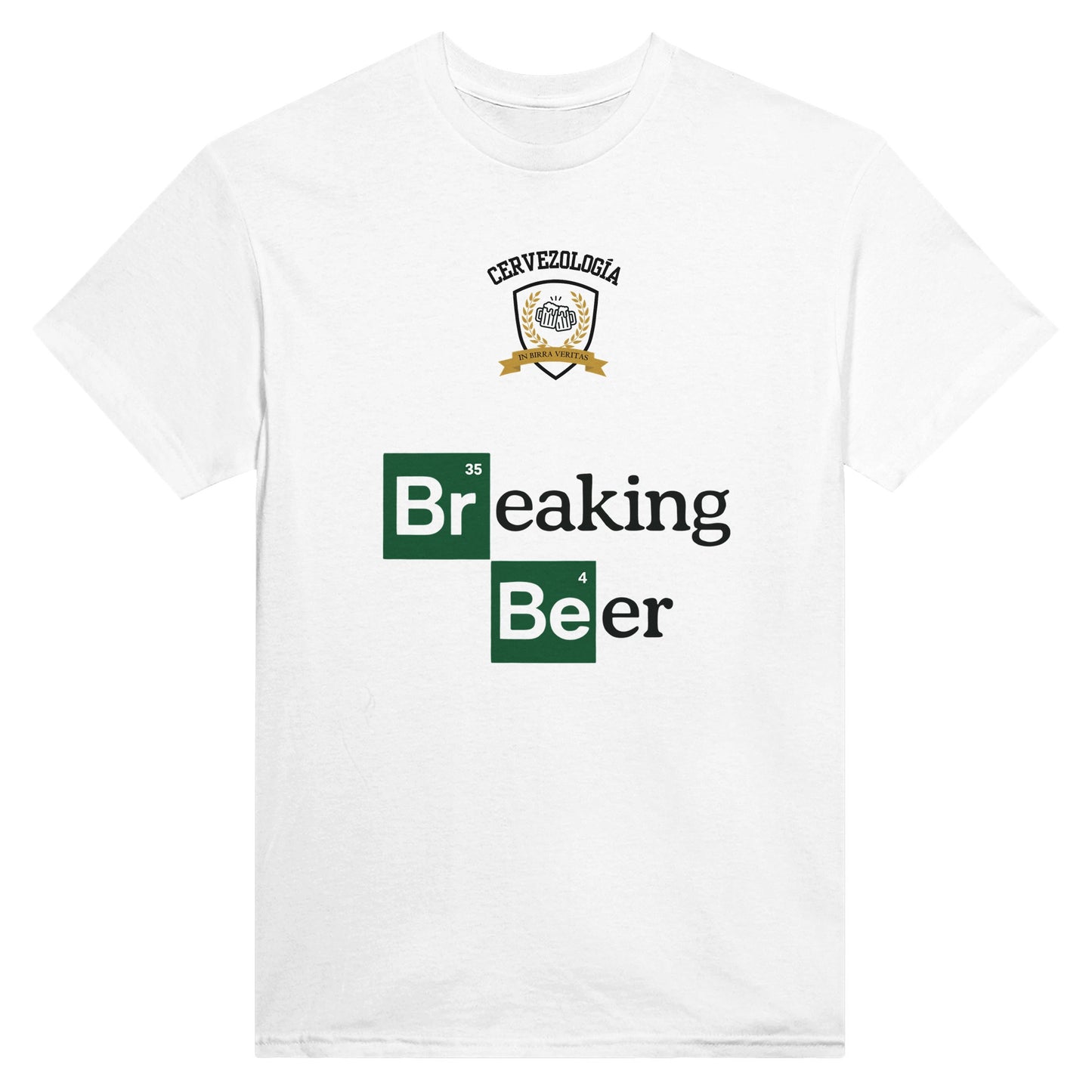 Camiseta blanca de manga corta con logotipo y texto «Breaking Beer» al frente