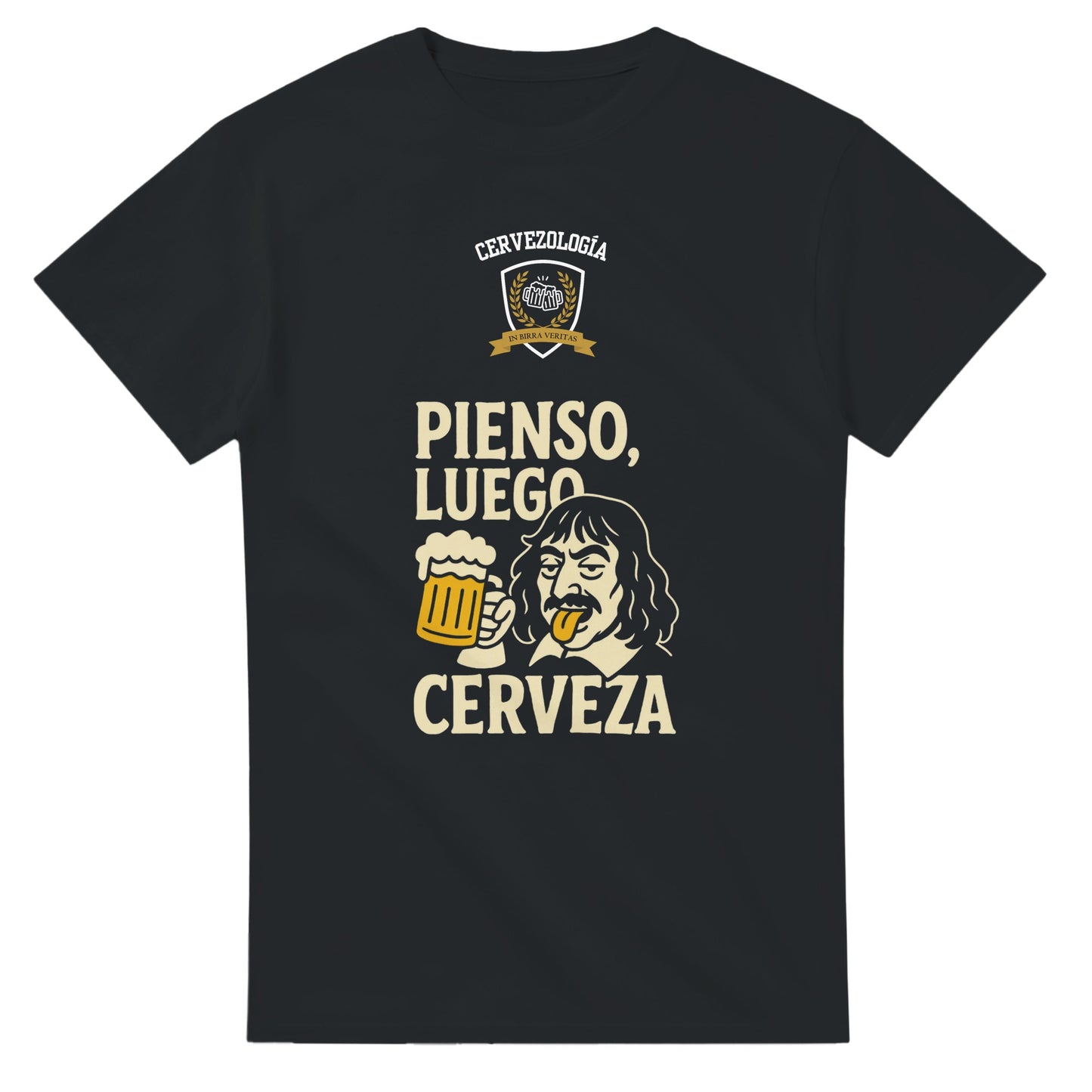 Camiseta negra lisa con estampado grande “PIENSO, LUEGO CERVEZA” en dorado