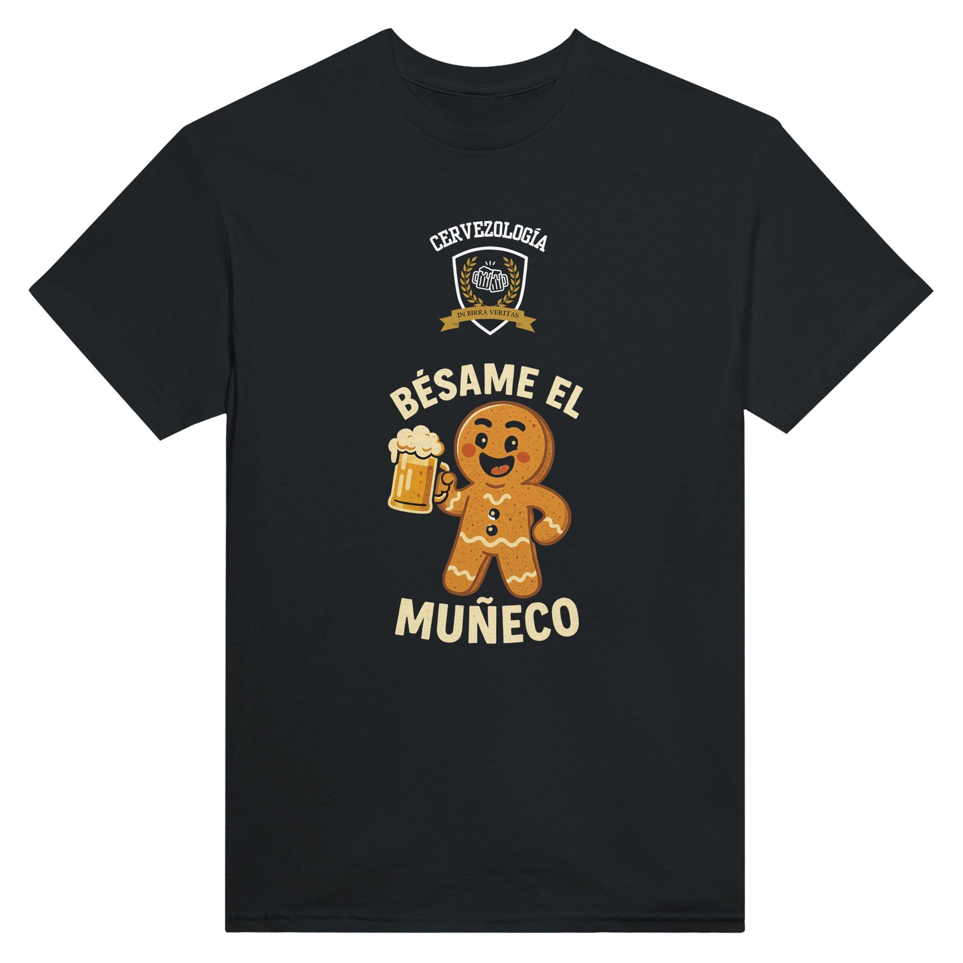 Camiseta negra con diseño frontal: texto “BÉSAME EL MUÑECO” y cerveza