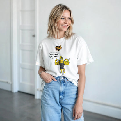 Camiseta blanca con estampa «NO PAIN NO GAIN» y personaje con mancuernas.