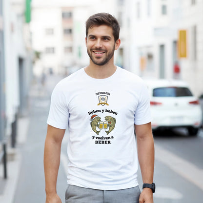 Camiseta blanca con estampado cervecero «Beben y beben» y peces en el pecho