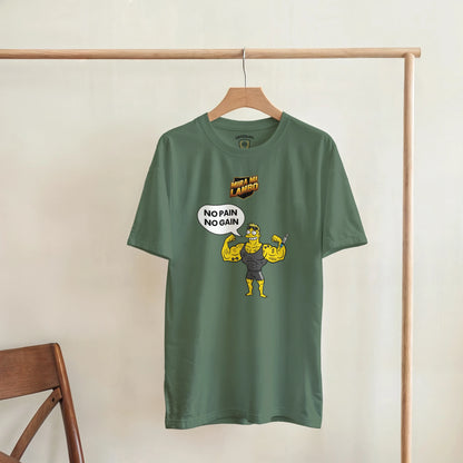Camiseta verde militar con estampado «No pain no gain» y personaje amarillo