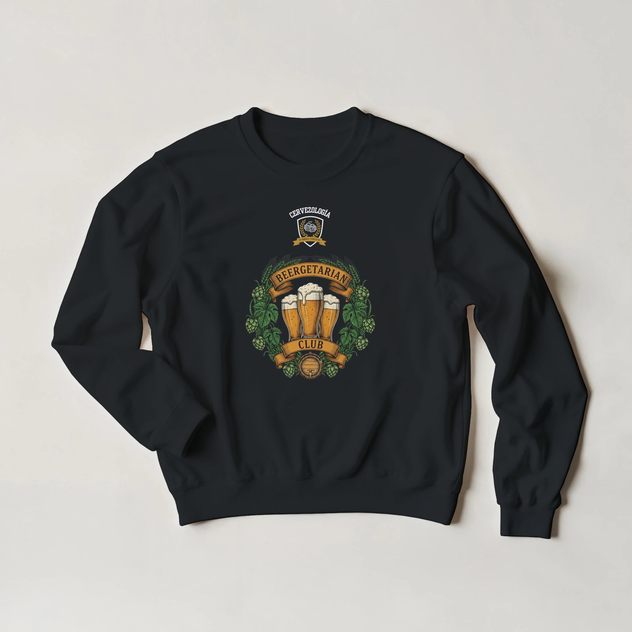 Sudadera negra con estampado central de jarra de cerveza y hojas, cuello redondo