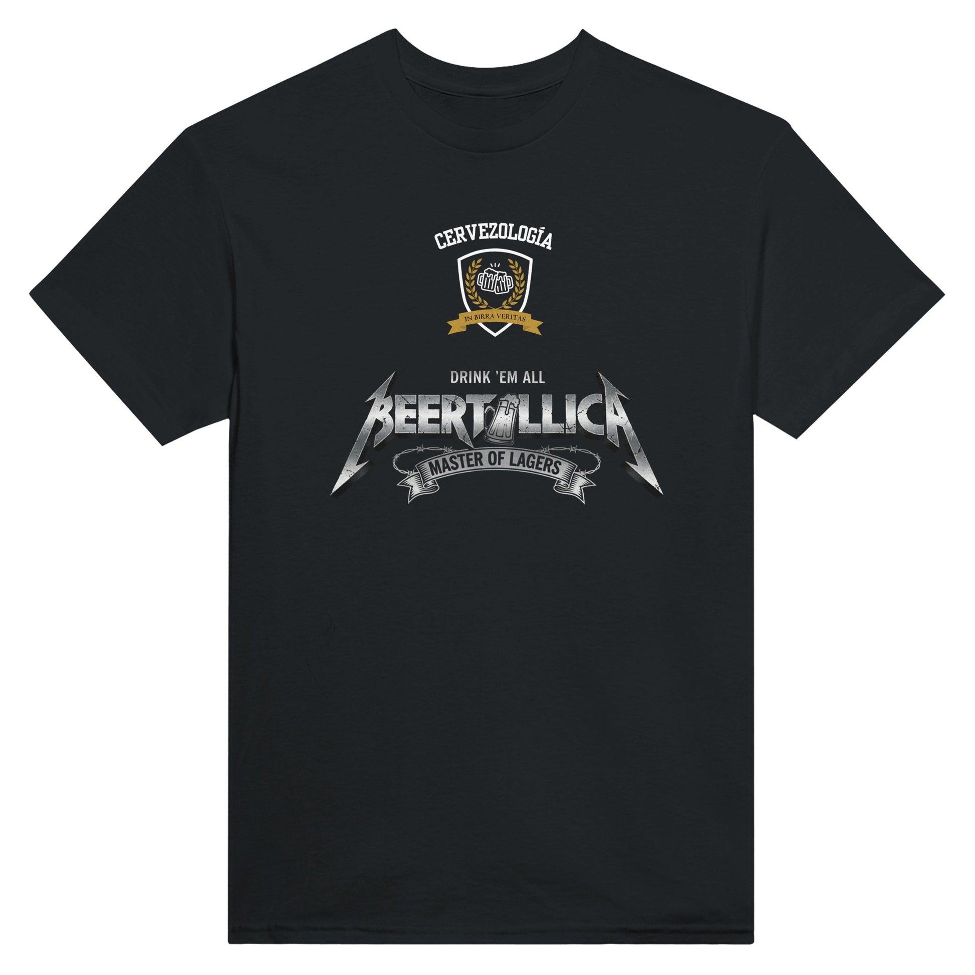 Camiseta negra con logo Beertallica y emblema superior en el pecho.