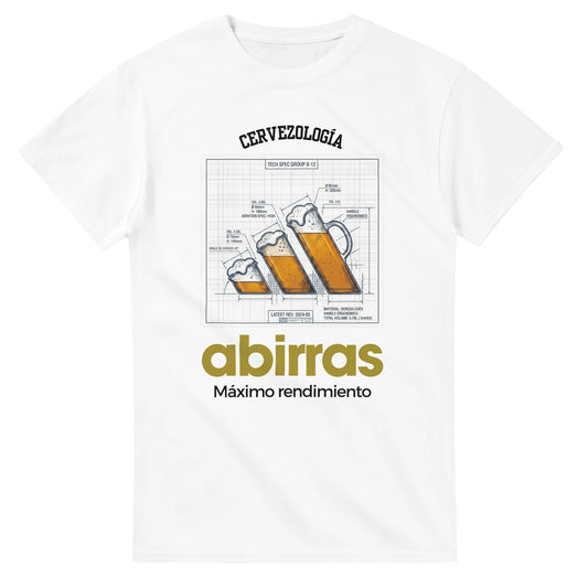 Camiseta Abirras blanca con estampado técnico de cerveza y “Máximo rendimiento”