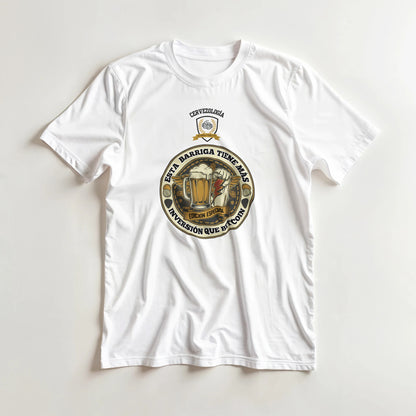 Camiseta blanca de manga corta con logo circular cervecero al frente