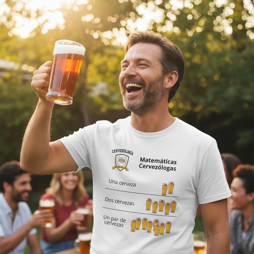 Hombre con camiseta blanca de manga corta con estampado de cervezas “Matemáticas Cervezólogas”.