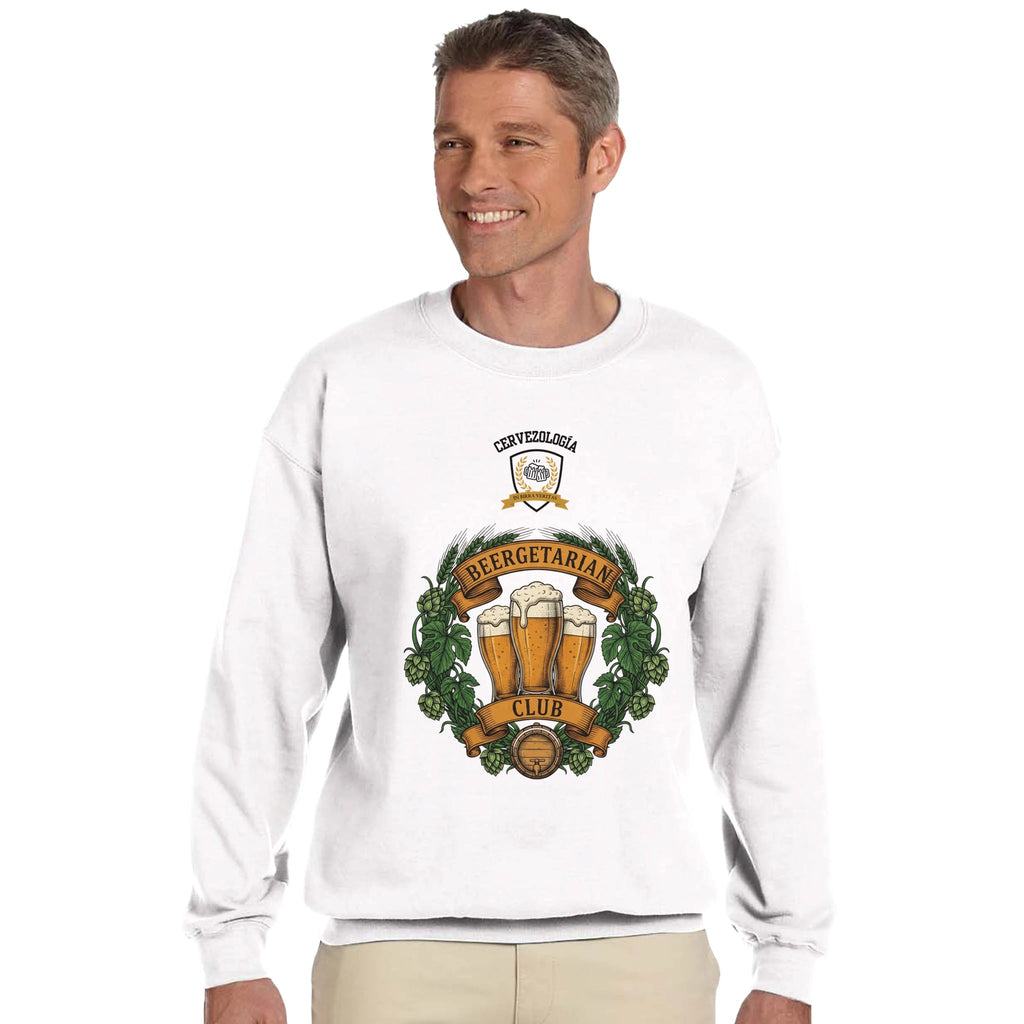 Sudadera blanca con logotipo central de jarra de cerveza y corona, diseño completo