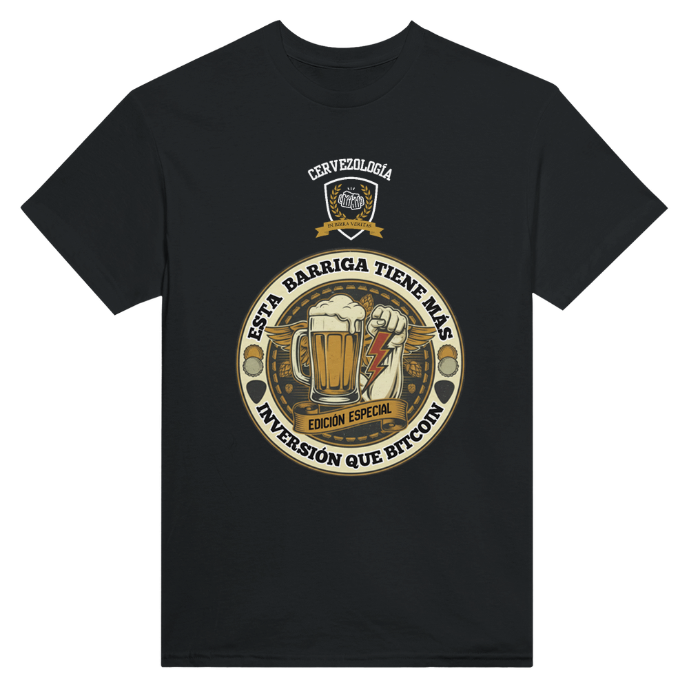 Camiseta negra de manga corta con estampado cervecero circular y logo superior