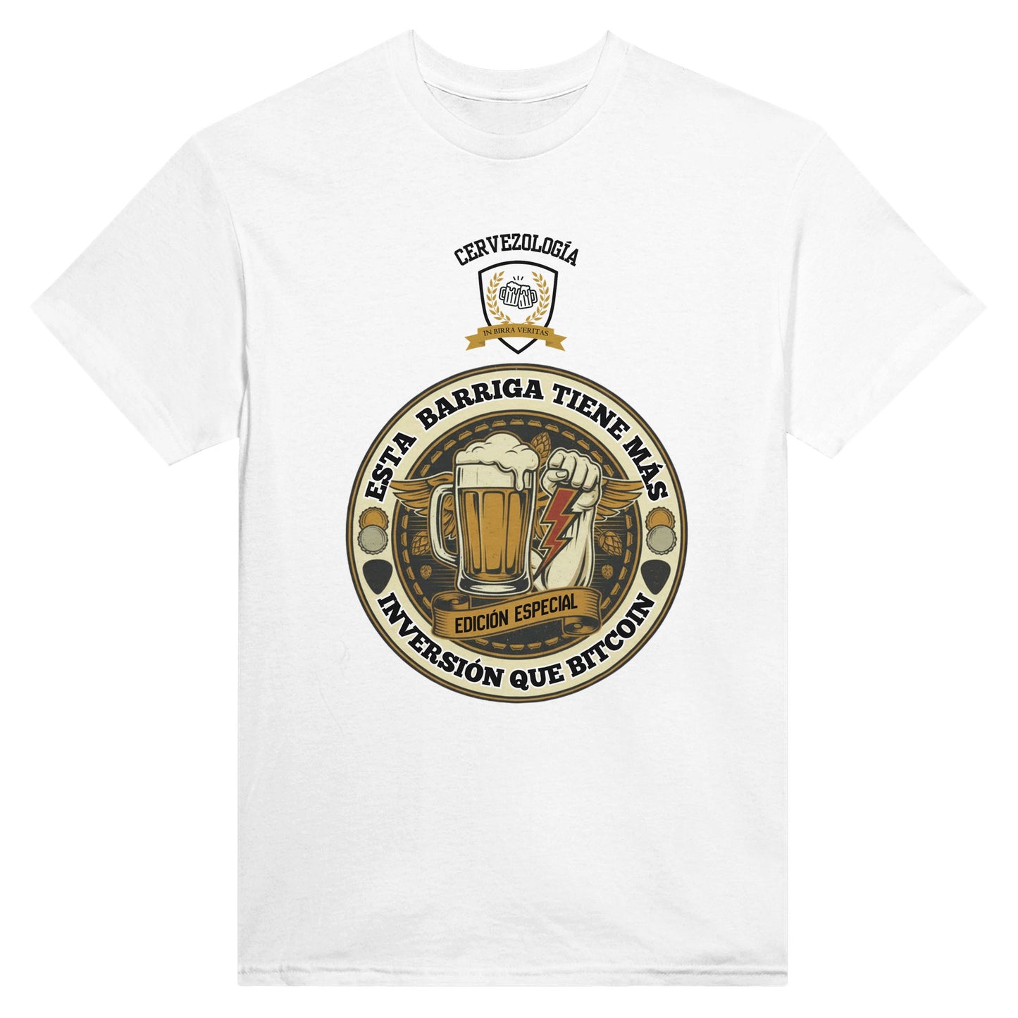 Camiseta blanca con estampado frontal circular cervecero tipo parche