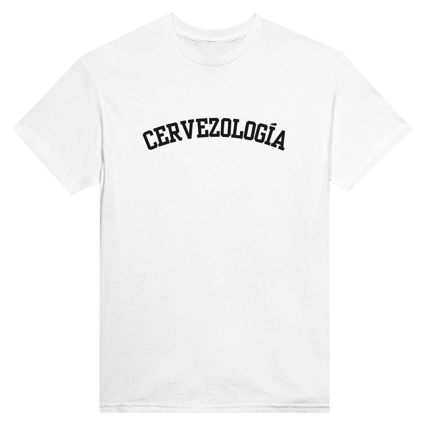 Camiseta blanca de cuello redondo con estampado CERVEZOLOGÍA frontal