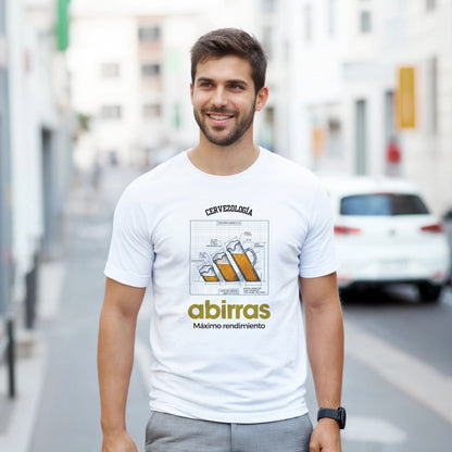 Camiseta Abirras blanca con diseño de cerveza en el centro y “Máximo rendimiento”