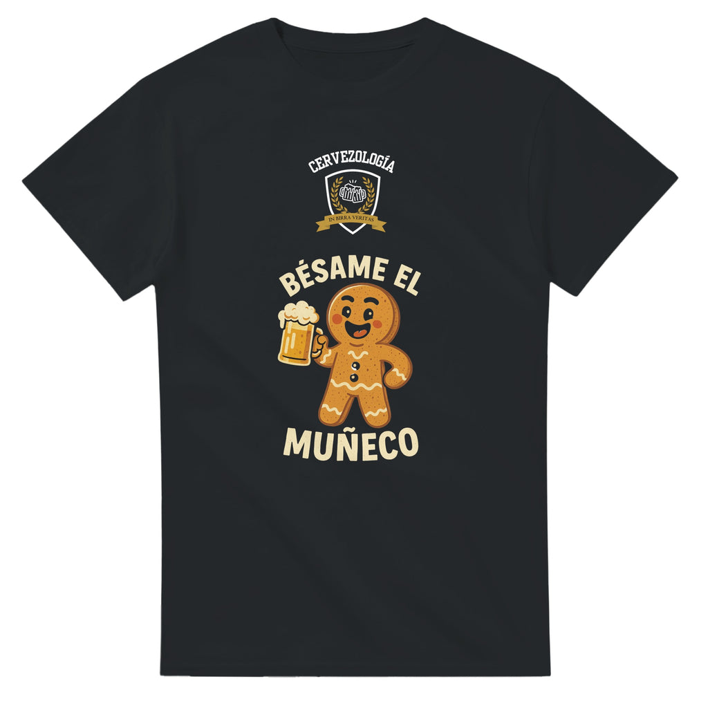 Camiseta negra con estampado de personaje de jengibre y vaso de cerveza